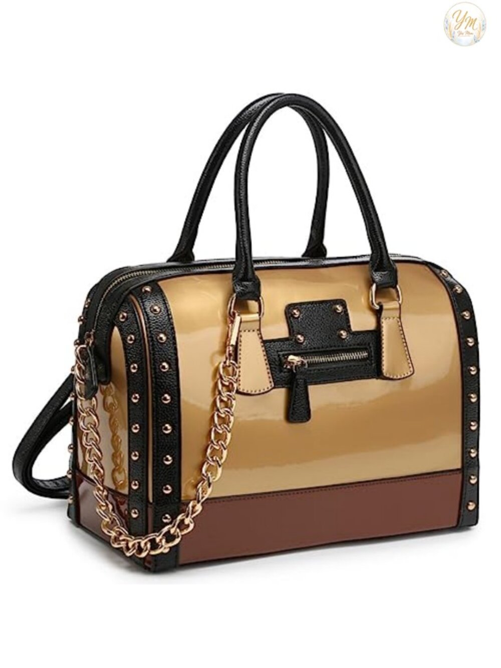Faux Leather Barrel Satchel Handbag with Rivets Top Handle Shoulder Purse